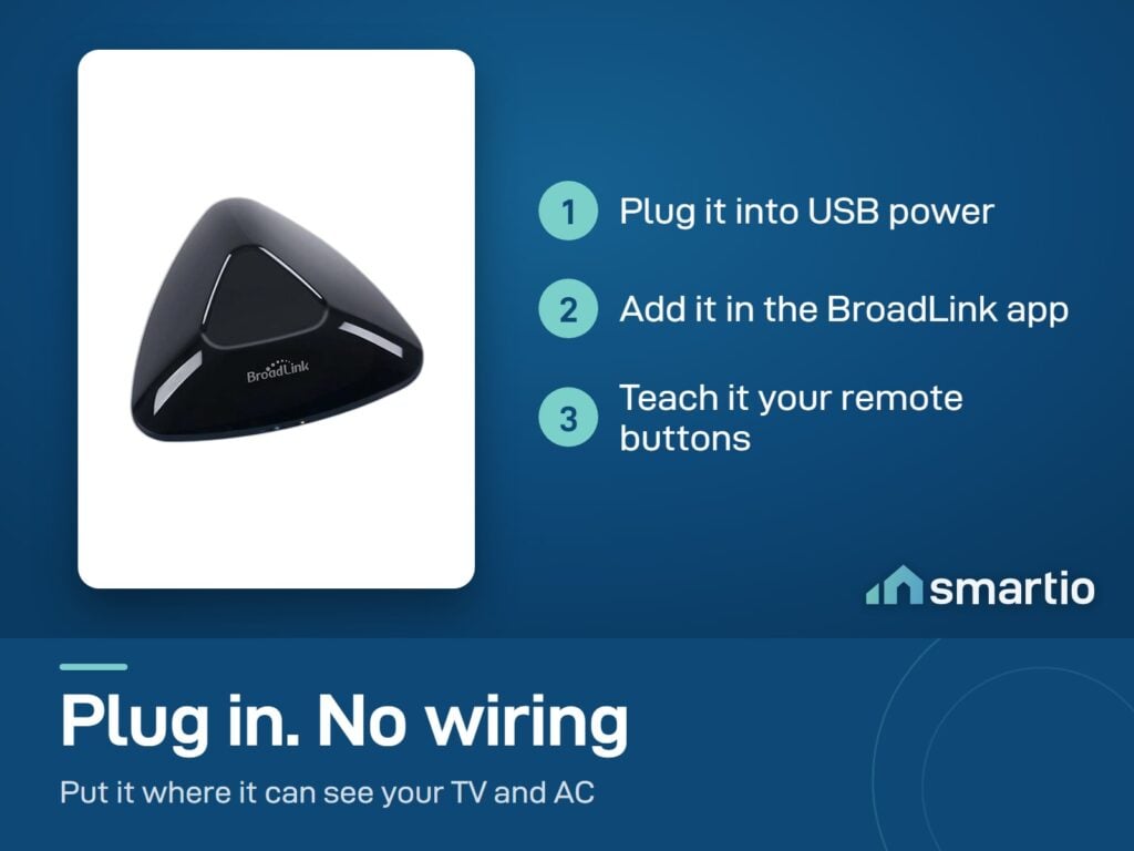 Broadlink RM MAX setup: plug into USB power, add it in the BroadLink app, teach it your remote buttons