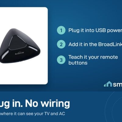 Broadlink RM MAX setup: plug into USB power, add it in the BroadLink app, teach it your remote buttons