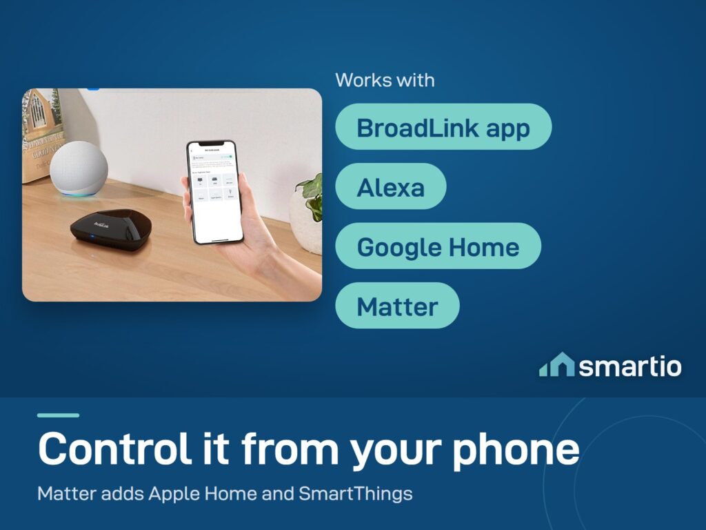 Broadlink RM MAX on a table next to an Echo speaker and a phone. Works with the BroadLink app, Alexa, Google Home and Matter