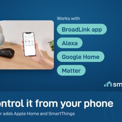 Broadlink RM MAX on a table next to an Echo speaker and a phone. Works with the BroadLink app, Alexa, Google Home and Matter