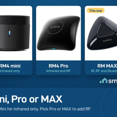 Broadlink RM4 mini, RM4 Pro and RM MAX side by side: infrared only, infrared and RF, and infrared, RF and Bluetooth