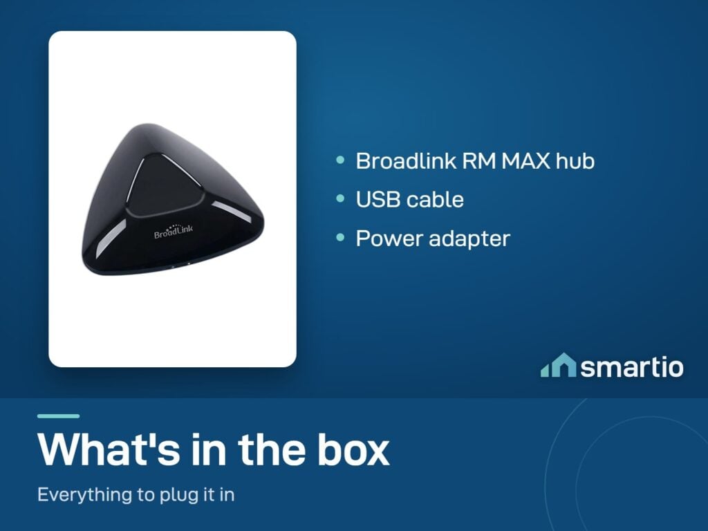 What's in the Broadlink RM MAX box: the hub, a USB cable and a power adapter