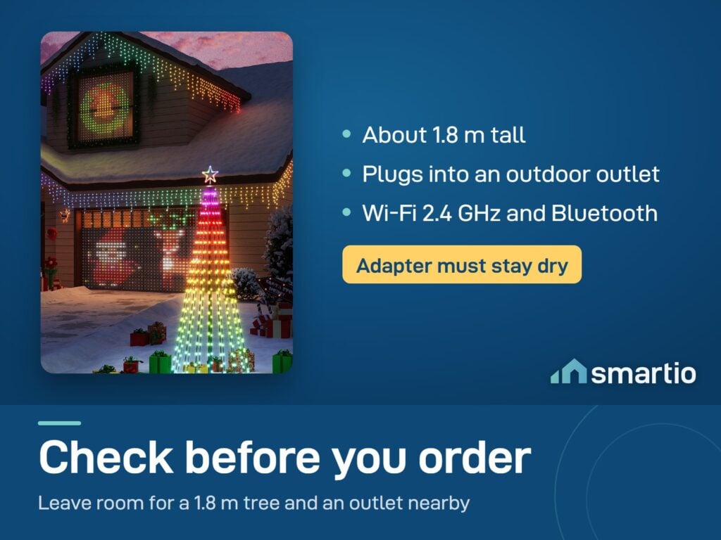 Govee Cone Tree Lights beside a house: about 1.8 m tall, plugs into an outdoor outlet, Wi-Fi 2.4 GHz and Bluetooth