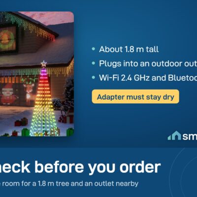 Govee Cone Tree Lights beside a house: about 1.8 m tall, plugs into an outdoor outlet, Wi-Fi 2.4 GHz and Bluetooth