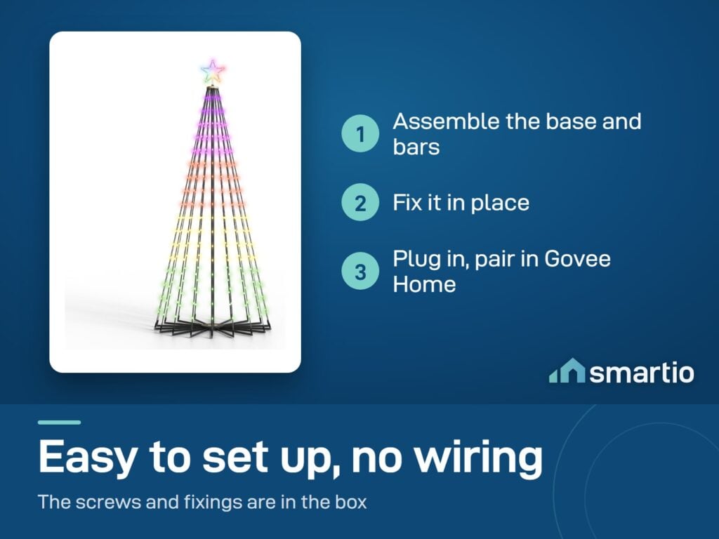 Govee Cone Tree Lights setup: assemble the base and bars, fix it in place, plug in and pair in Govee Home