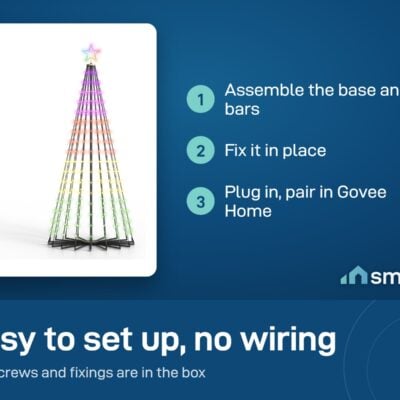 Govee Cone Tree Lights setup: assemble the base and bars, fix it in place, plug in and pair in Govee Home