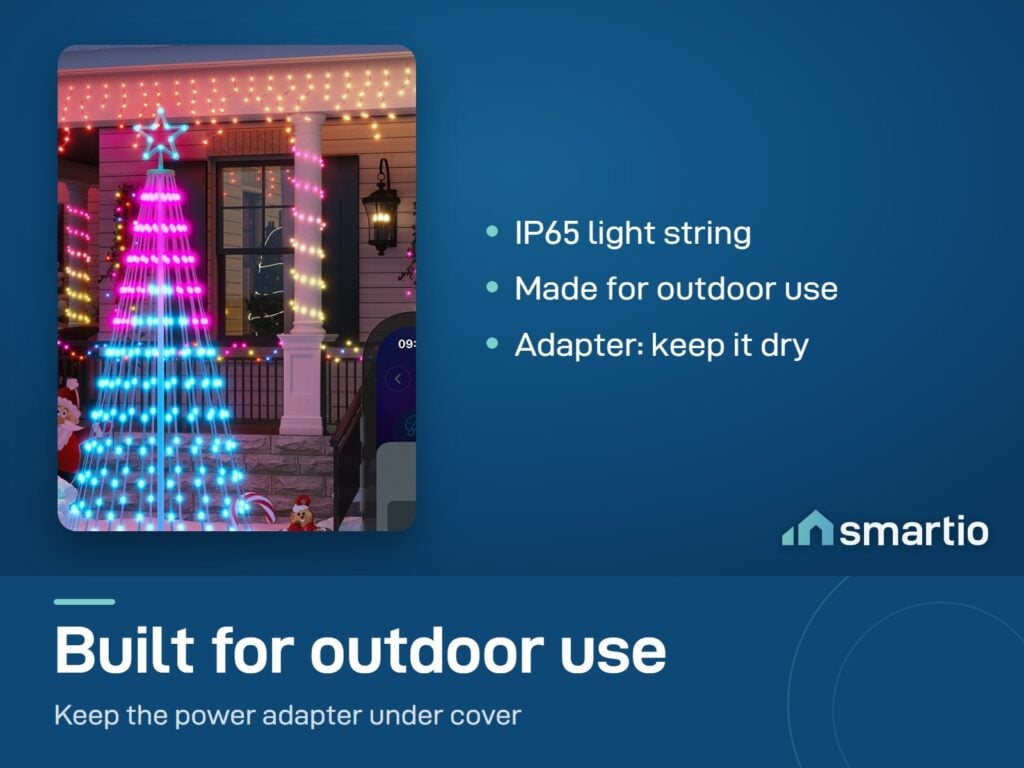 Govee Cone Tree Lights glowing in pink and blue by a front porch; the light string is IP65