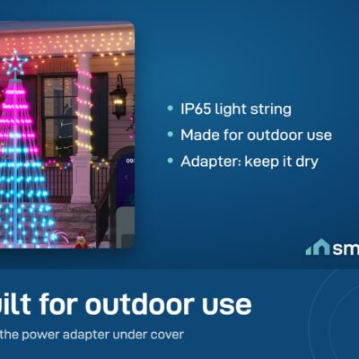Govee Cone Tree Lights glowing in pink and blue by a front porch; the light string is IP65