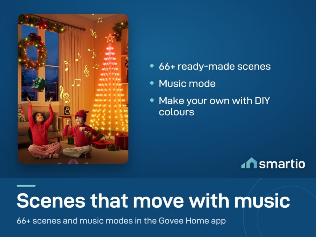 Govee Cone Tree Lights glowing orange outside a window while two children play; scenes and music mode in the app