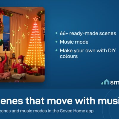 Govee Cone Tree Lights glowing orange outside a window while two children play; scenes and music mode in the app
