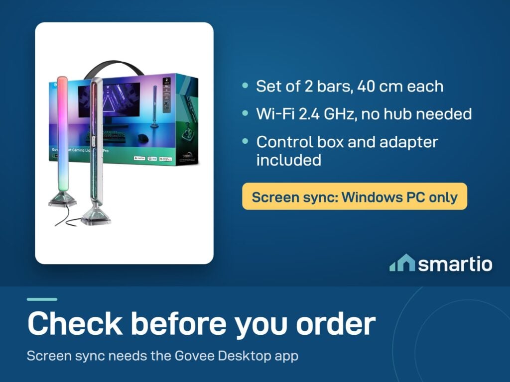 Govee Gaming Light Bars Pro set of two 40 cm bars, Wi-Fi 2.4 GHz, no hub; screen sync works on Windows only