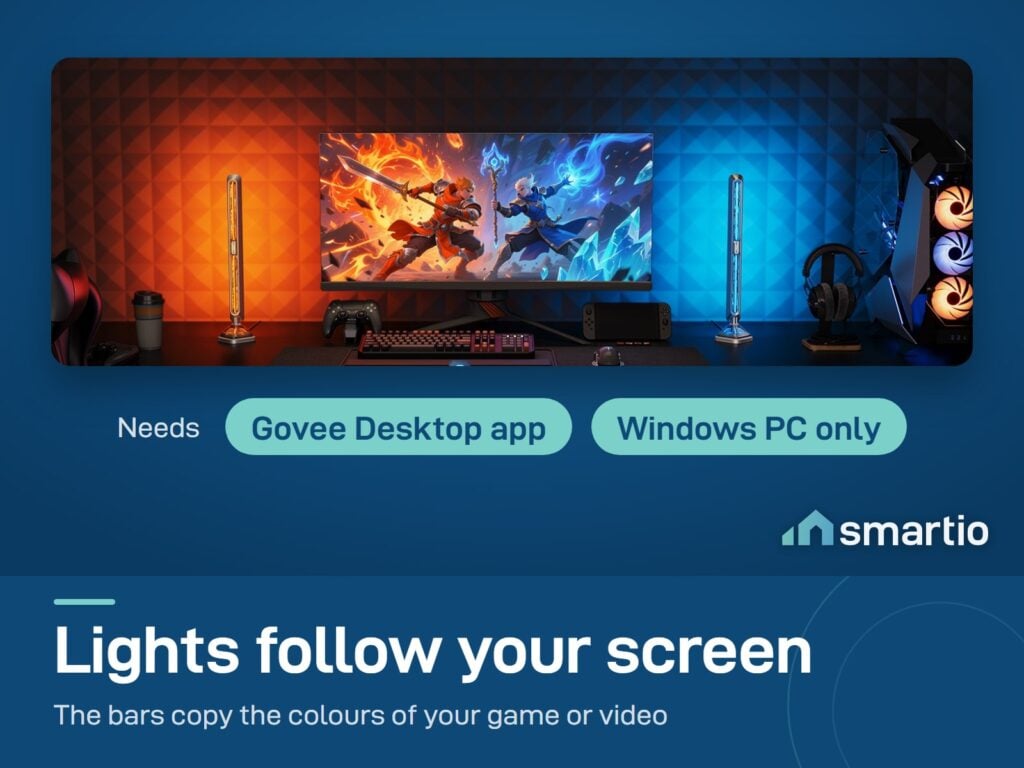 Govee Gaming Light Bars Pro beside a monitor matching the game colours, orange and blue; screen sync needs Windows
