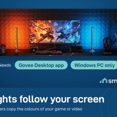 Govee Gaming Light Bars Pro beside a monitor matching the game colours, orange and blue; screen sync needs Windows