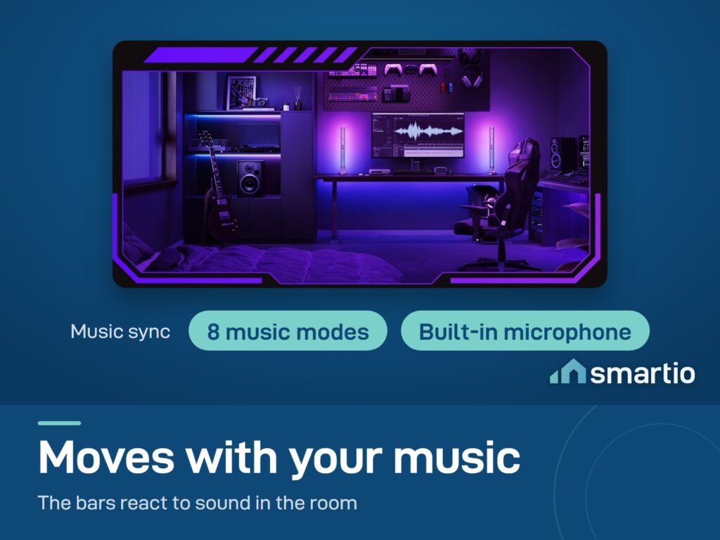 Govee Gaming Light Bars Pro glowing purple in a music room, 8 music modes with a built-in microphone