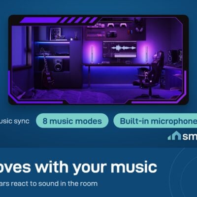Govee Gaming Light Bars Pro glowing purple in a music room, 8 music modes with a built-in microphone