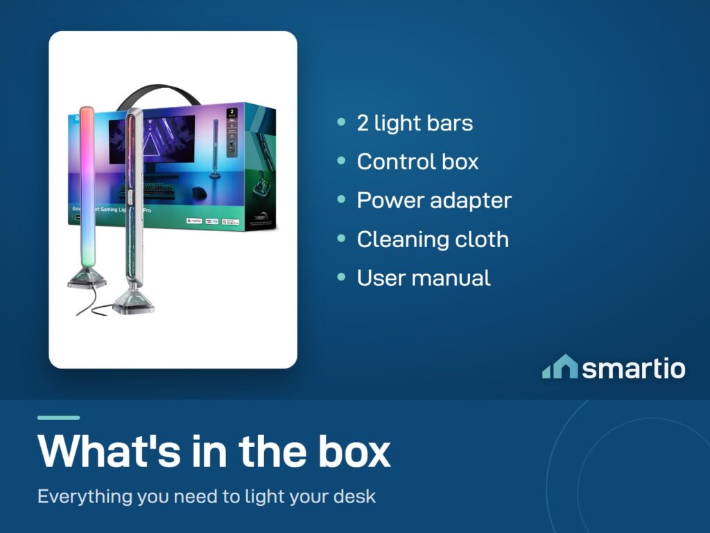 What's in the Govee Gaming Light Bars Pro box: 2 light bars, control box, power adapter, cleaning cloth, manual