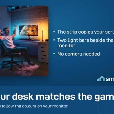 Govee Sync Box Kit 2 lights around a gaming monitor in blue and orange while a gamer celebrates