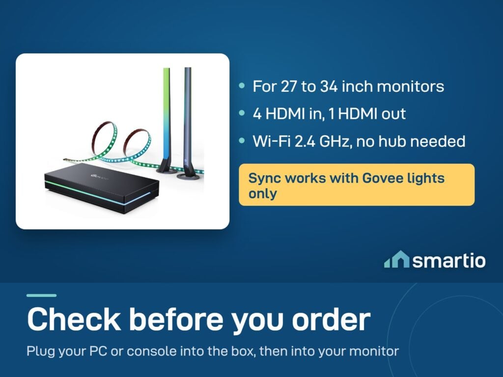 Govee Sync Box Kit 2 for 27 to 34 inch monitors: 4 HDMI in, 1 out, Wi-Fi 2.4 GHz, no hub, works with Govee lights only