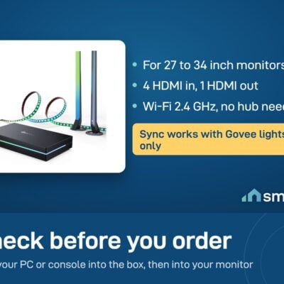 Govee Sync Box Kit 2 for 27 to 34 inch monitors: 4 HDMI in, 1 out, Wi-Fi 2.4 GHz, no hub, works with Govee lights only