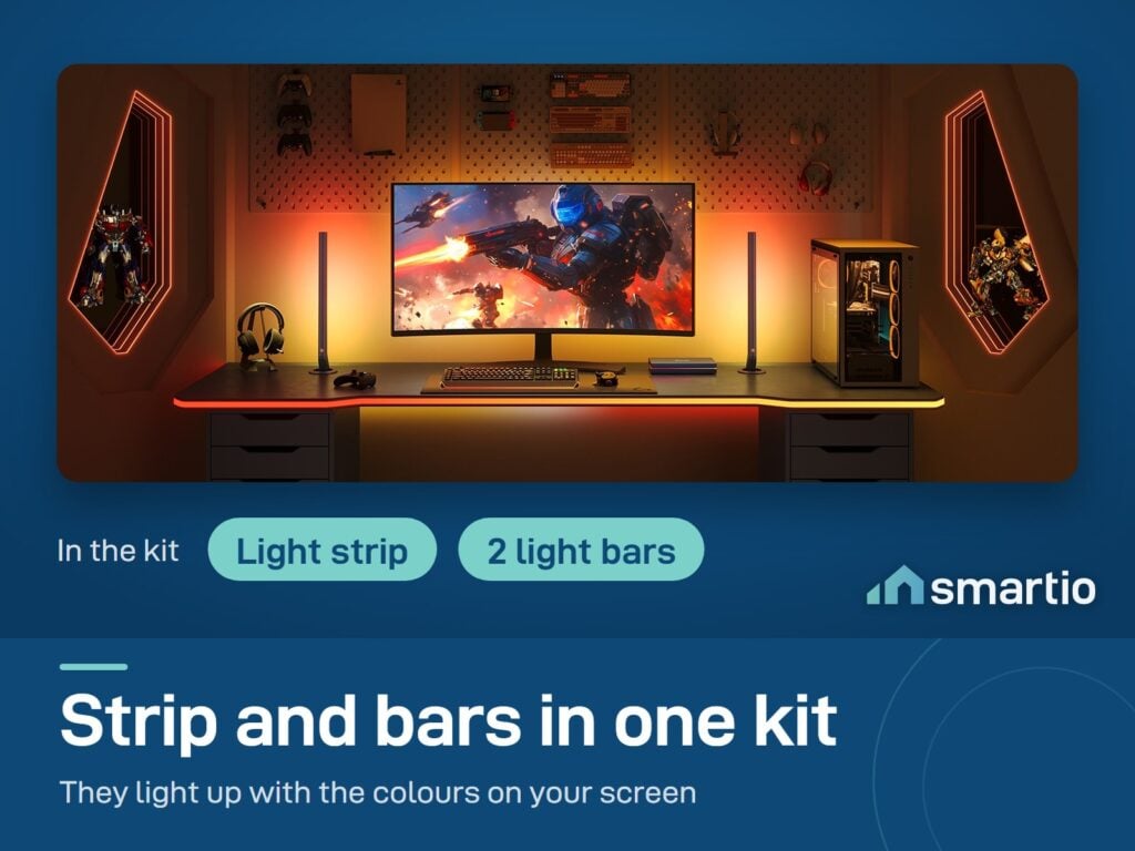 Govee Sync Box Kit 2 light strip and two light bars glowing orange around a gaming monitor