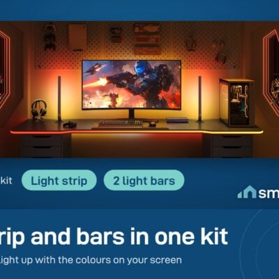 Govee Sync Box Kit 2 light strip and two light bars glowing orange around a gaming monitor