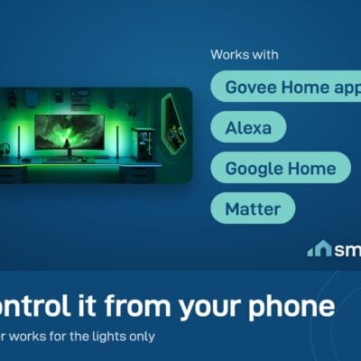 Govee Sync Box Kit 2 lighting a gaming desk in green; works with the Govee Home app, Alexa, Google Home and Matter