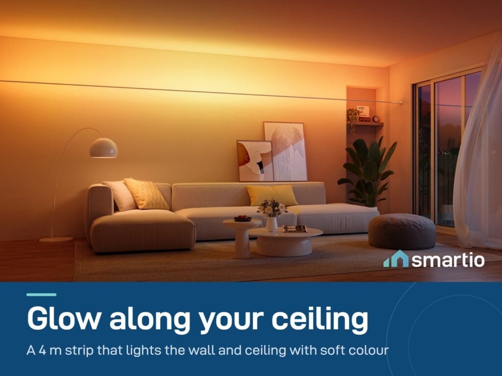 Govee Skyline strip light glowing warm orange along the ceiling line of a living room