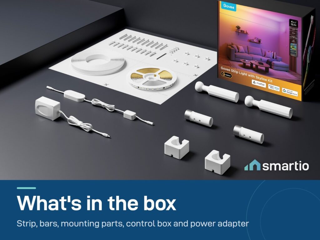 What's in the Govee Skyline strip light box: 4 m strip, rotation and fixing bars, mounting parts, control box, power adapter