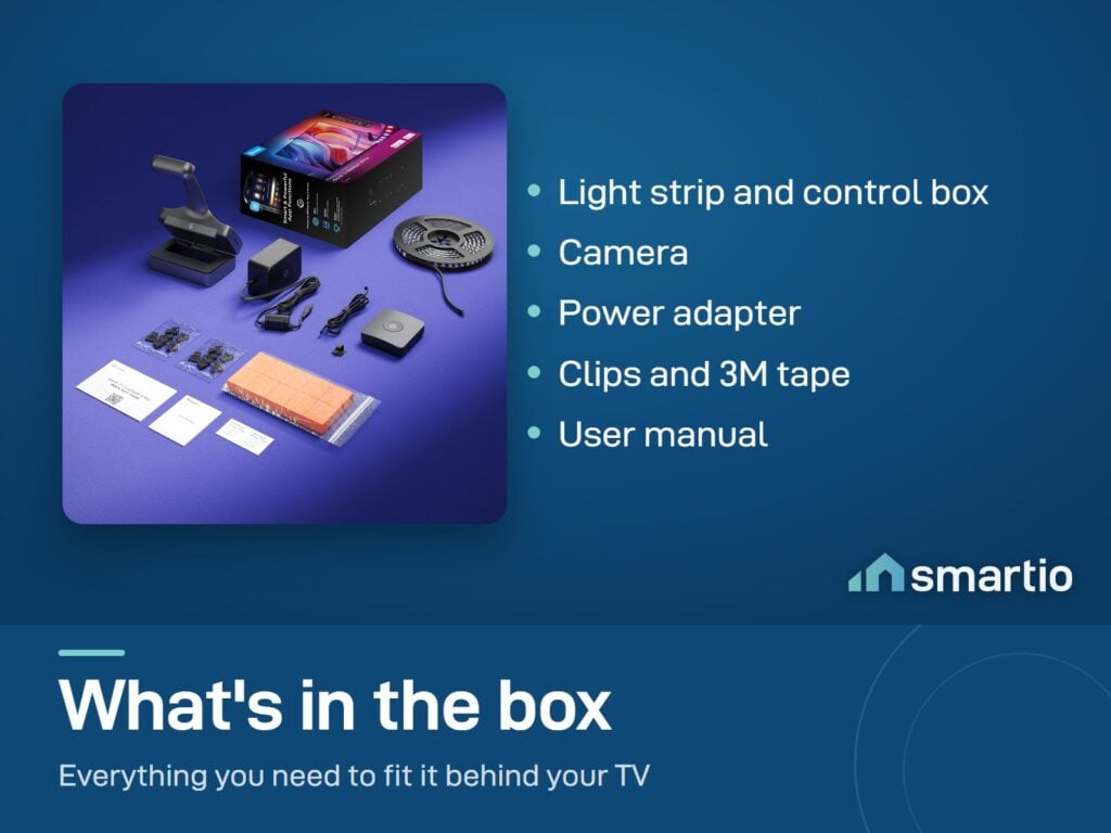 What's in the Govee TV Backlight 3S Pro box: strip, control box, camera, power adapter, clips, tape, manual