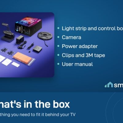 What's in the Govee TV Backlight 3S Pro box: strip, control box, camera, power adapter, clips, tape, manual