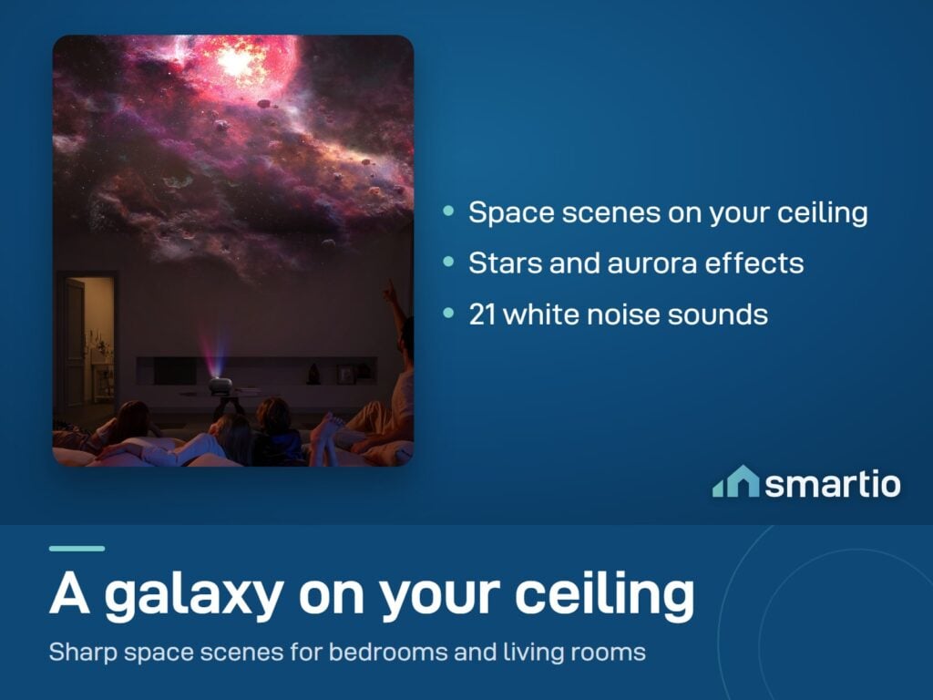 Govee Galaxy Light Projector 2 Pro casting a red and purple nebula across a ceiling above a family