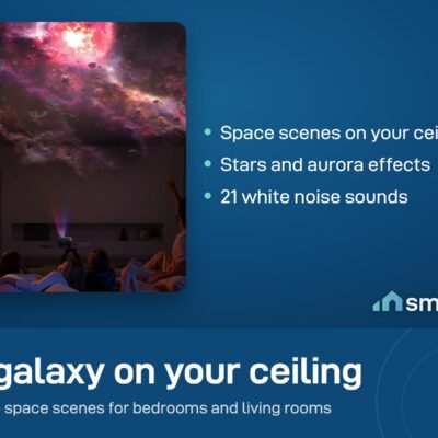 Govee Galaxy Light Projector 2 Pro casting a red and purple nebula across a ceiling above a family