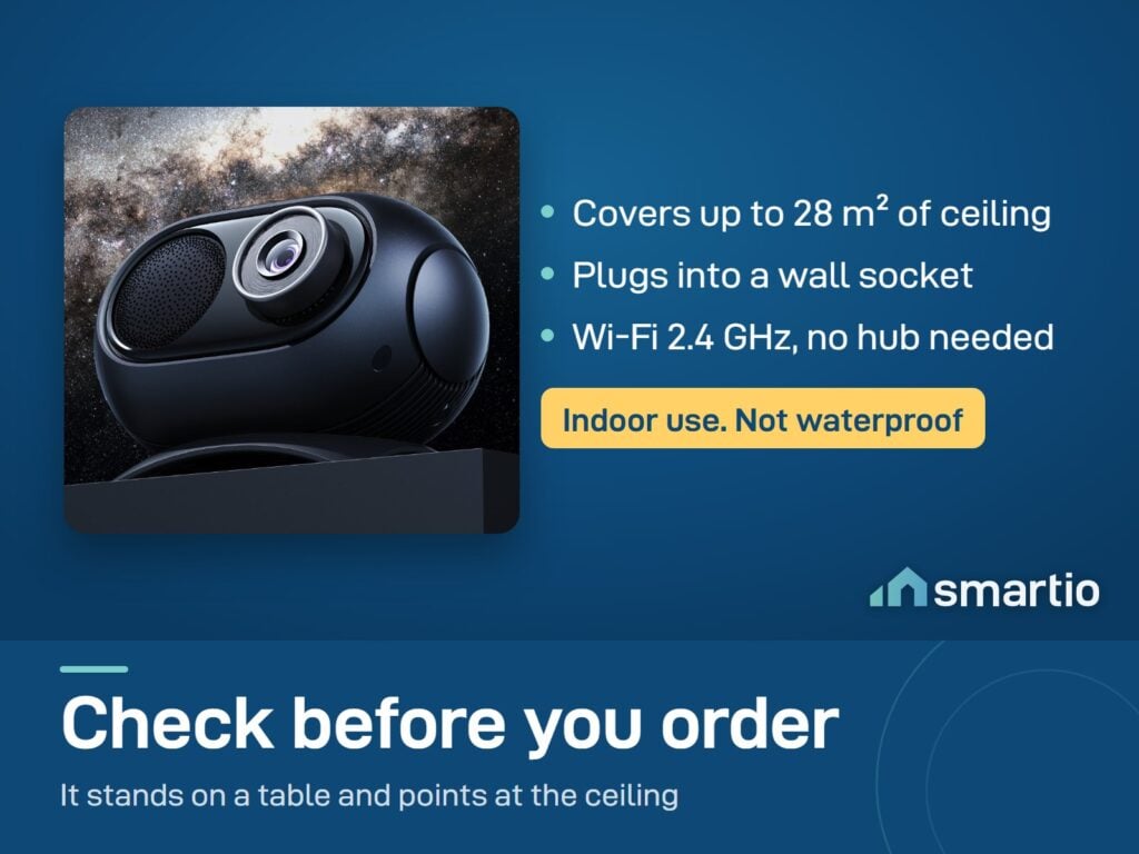 Govee Galaxy Light Projector 2 Pro covers up to 28 m² of ceiling, plugs into a wall socket, Wi-Fi 2.4 GHz, no hub