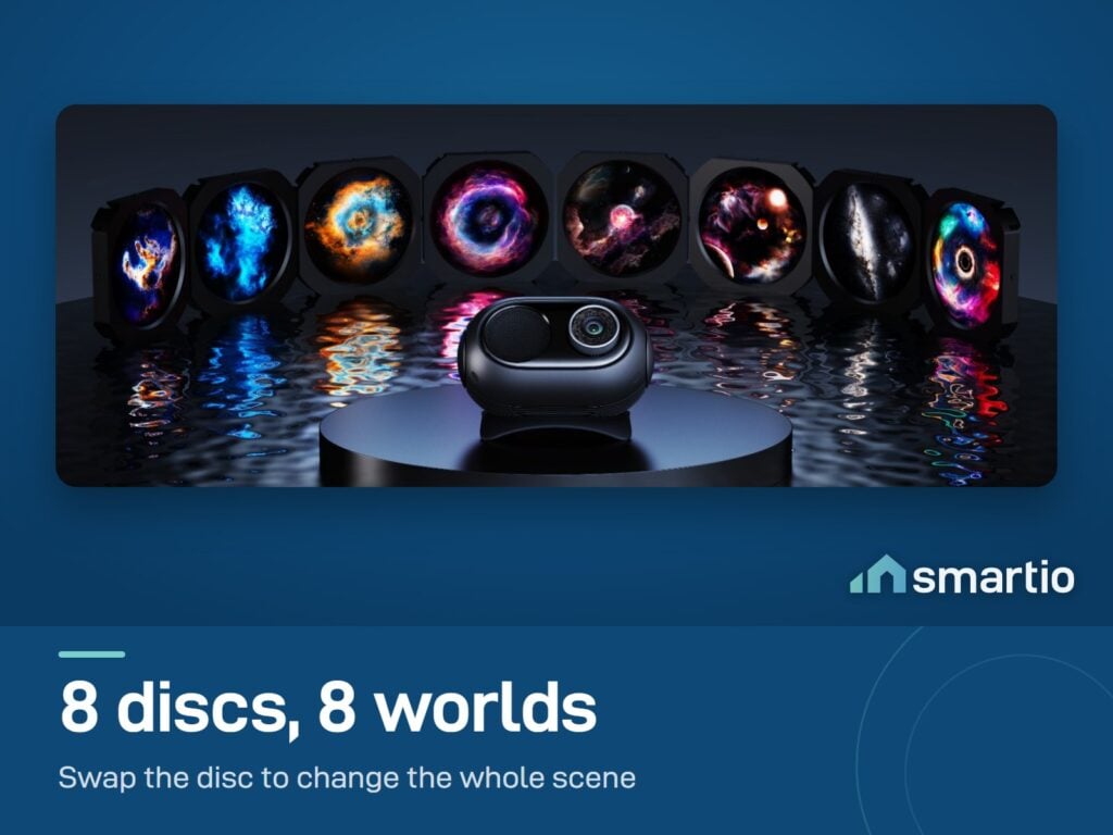 Govee Galaxy Light Projector 2 Pro with its eight swap discs showing nebula, galaxy and planet scenes
