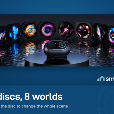 Govee Galaxy Light Projector 2 Pro with its eight swap discs showing nebula, galaxy and planet scenes