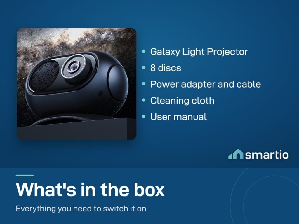What's in the Govee Galaxy Light Projector 2 Pro box: projector, 8 discs, power adapter and cable, cloth, manual