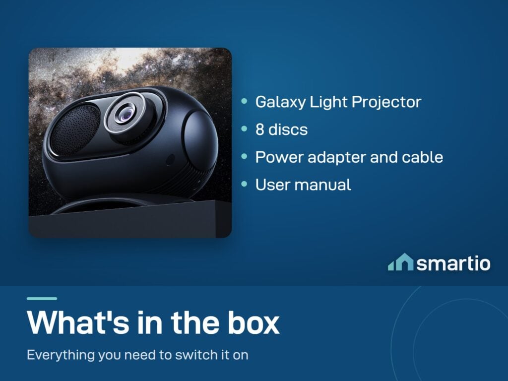 What's in the Govee Galaxy Light Projector 2 Pro box: projector, 8 discs, power adapter and cable, manual
