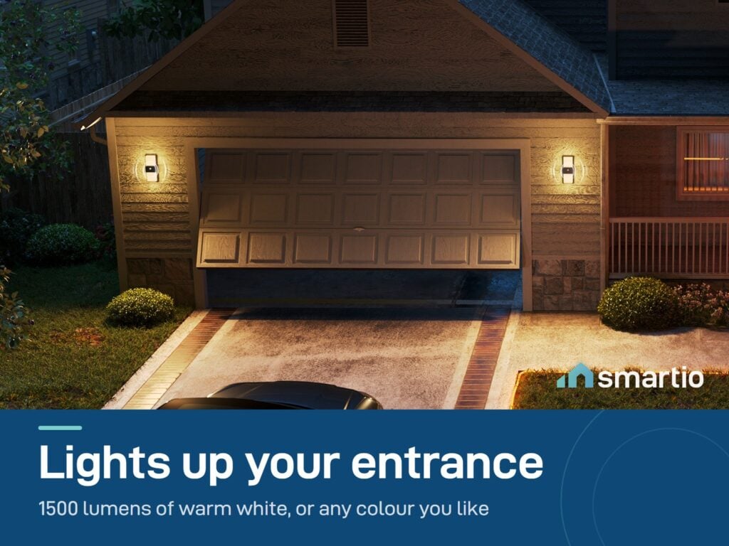 Govee Smart Outdoor Wall Lights beside a garage door at night