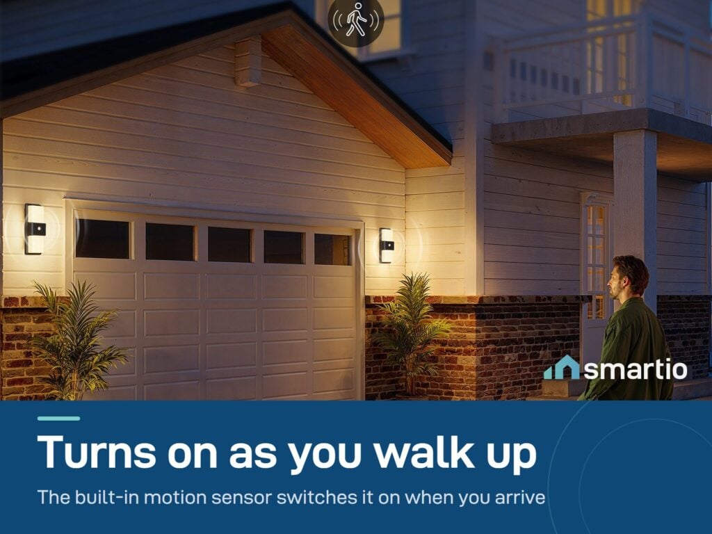 Govee Smart Outdoor Wall Light turning on as a man walks to his house