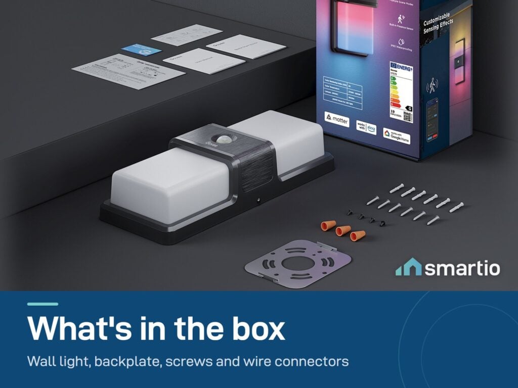 What's in the Govee Smart Outdoor Wall Light box: wall light, backplate, screws, wire connectors