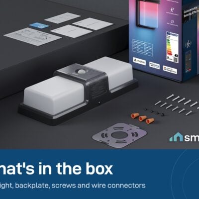 What's in the Govee Smart Outdoor Wall Light box: wall light, backplate, screws, wire connectors