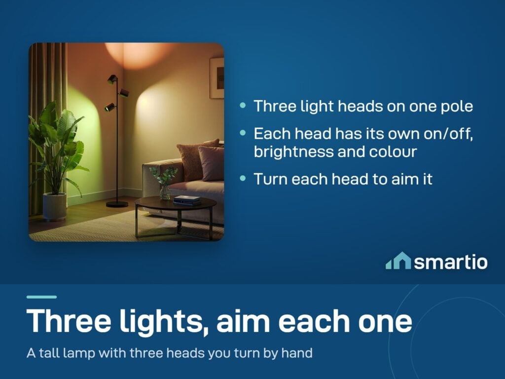 Govee Tree Floor Lamp with three light heads lighting a living room corner in warm colours