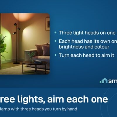 Govee Tree Floor Lamp with three light heads lighting a living room corner in warm colours