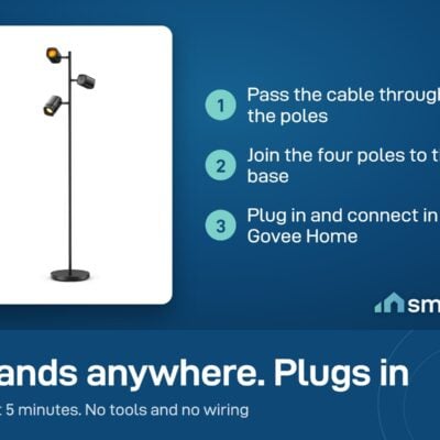 Govee Tree Floor Lamp setup: pass the cable through the poles, join the four poles to the base, plug in