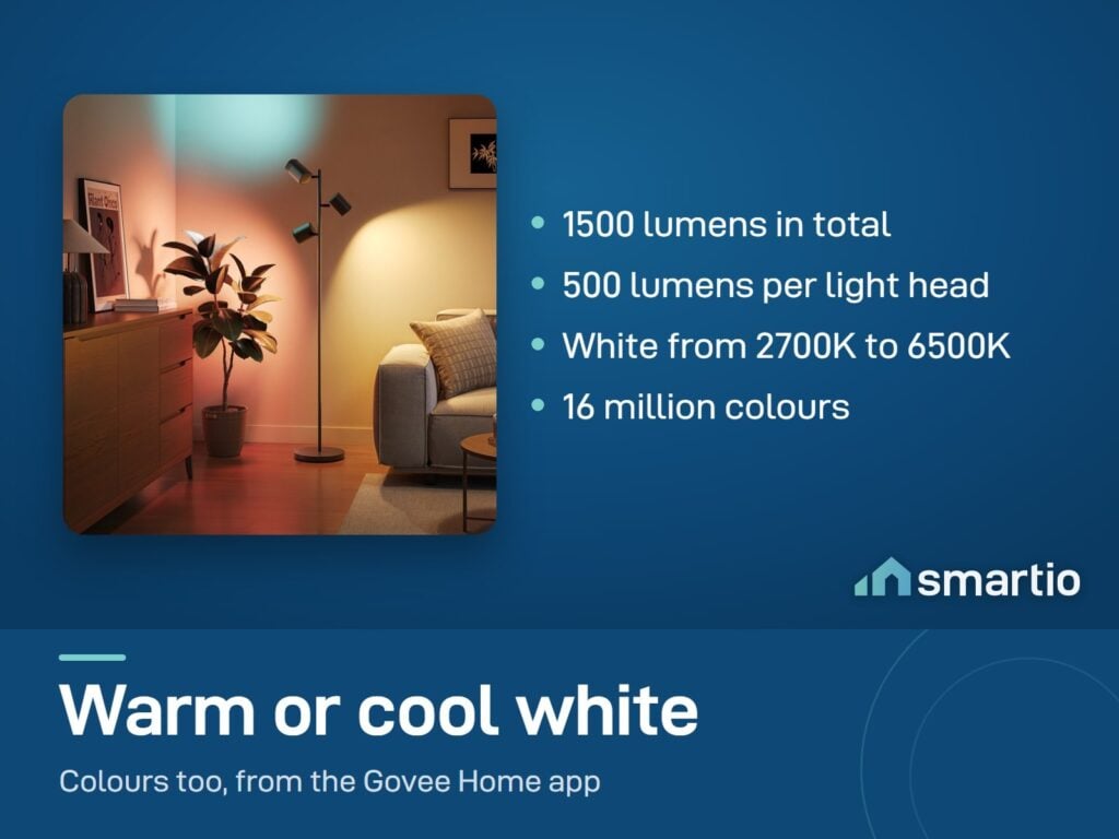 Govee Tree Floor Lamp lighting a living room with a colour beam and warm white; 1500 lumens, 2700K to 6500K
