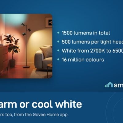 Govee Tree Floor Lamp lighting a living room with a colour beam and warm white; 1500 lumens, 2700K to 6500K