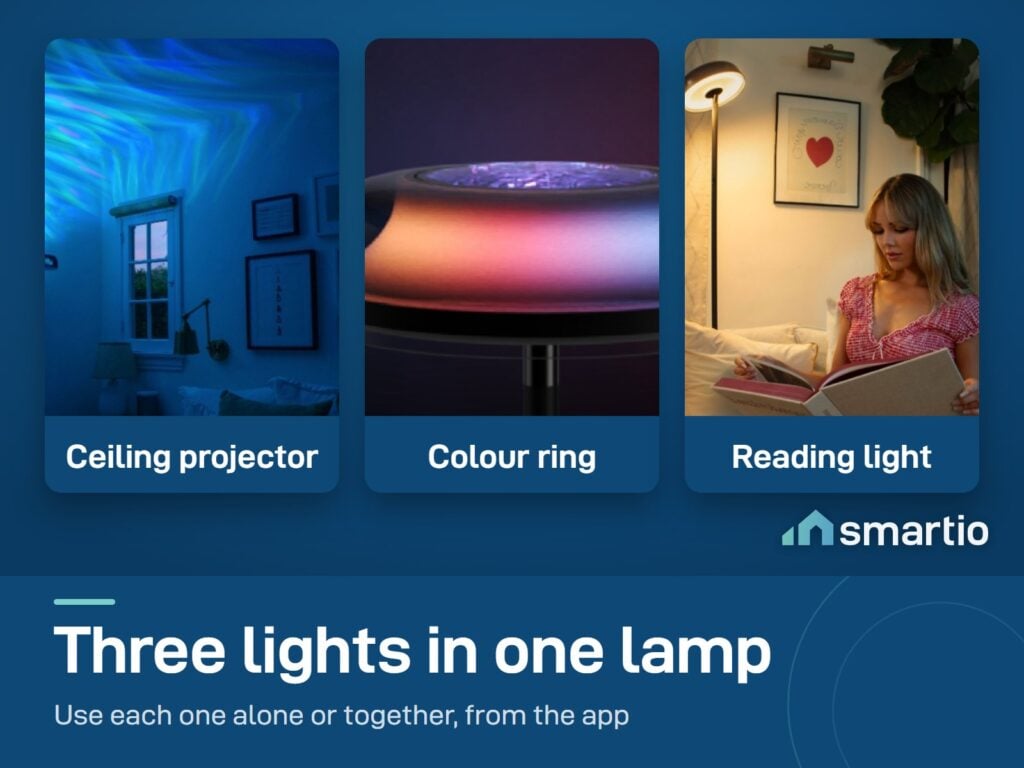 Govee Uplighter Floor Lamp three lights: ceiling projector, colour ring, reading light