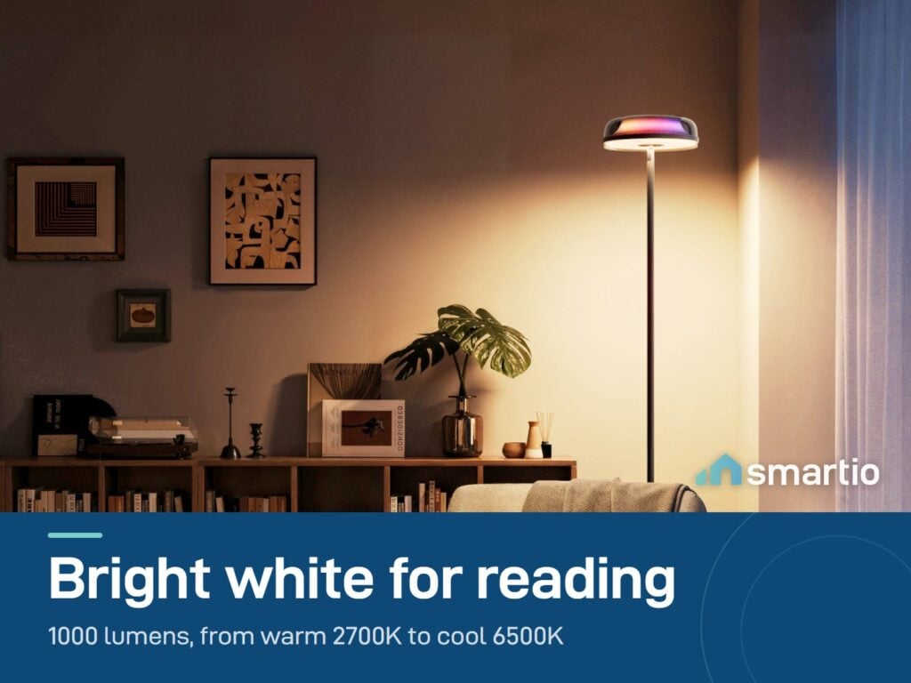 Govee Uplighter Floor Lamp giving warm white reading light in a living room