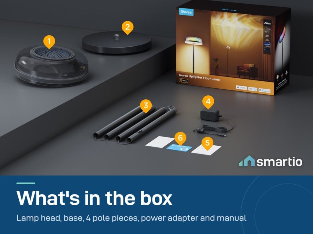 What's in the Govee Uplighter Floor Lamp box: lamp head, base, 4 pole pieces, power adapter, manual