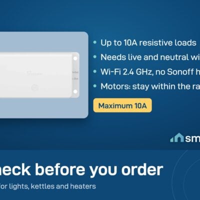 Sonoff BASIC Gen5 relay: up to 10A resistive loads, live and neutral wires needed, Wi-Fi 2.4 GHz, no Sonoff hub